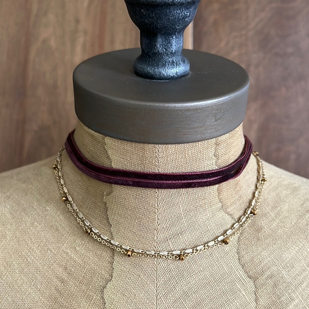Layered Velvet and Gold Chain Choker